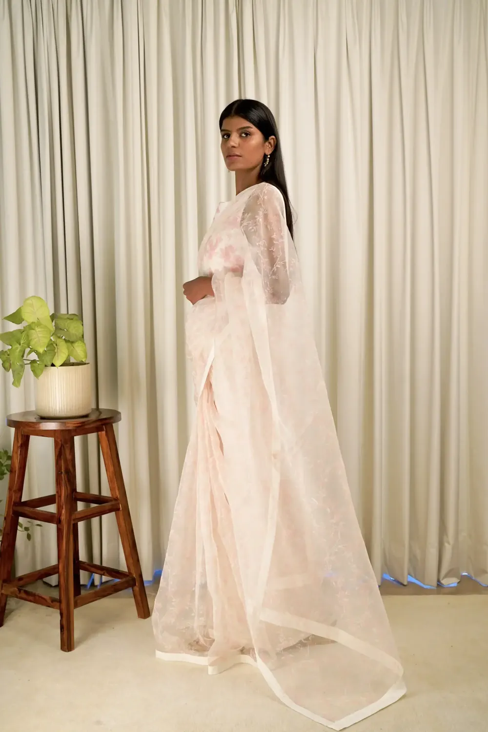 Ivory Cherry Blossom Saree