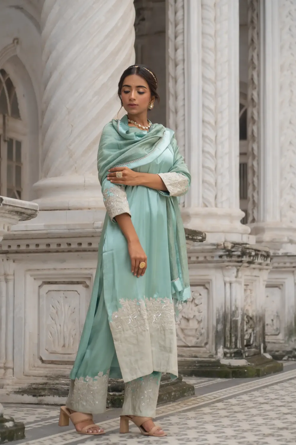 Mint and Silver Cut work embriodered kurta set