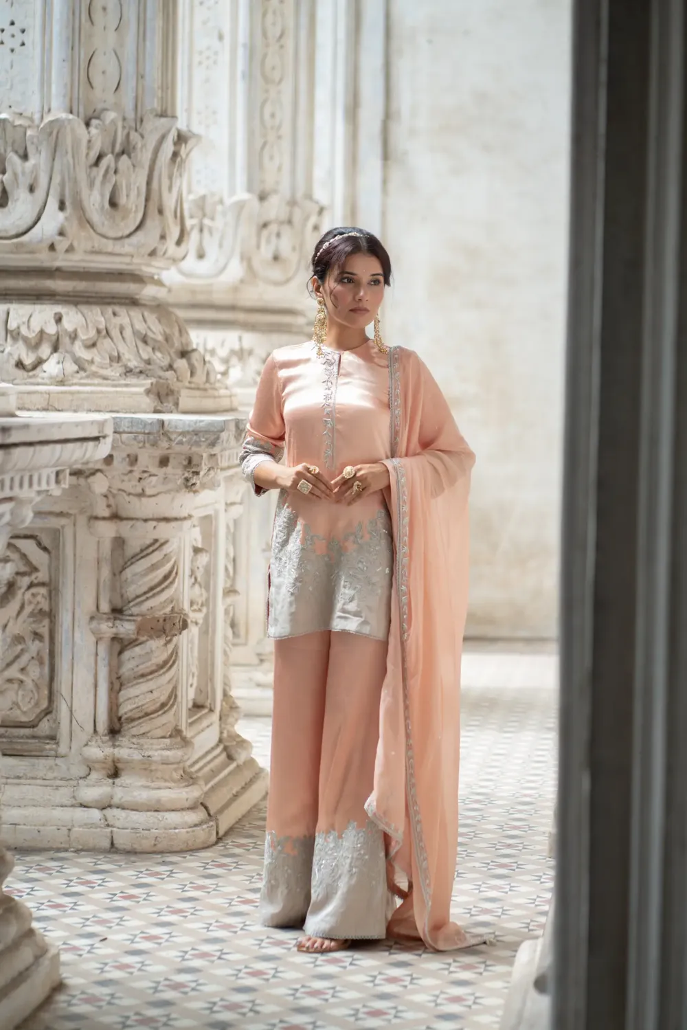 Peach embroidered kurti sharara