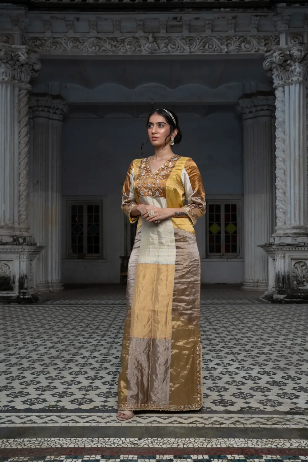 Multipanelled embroidered long dress