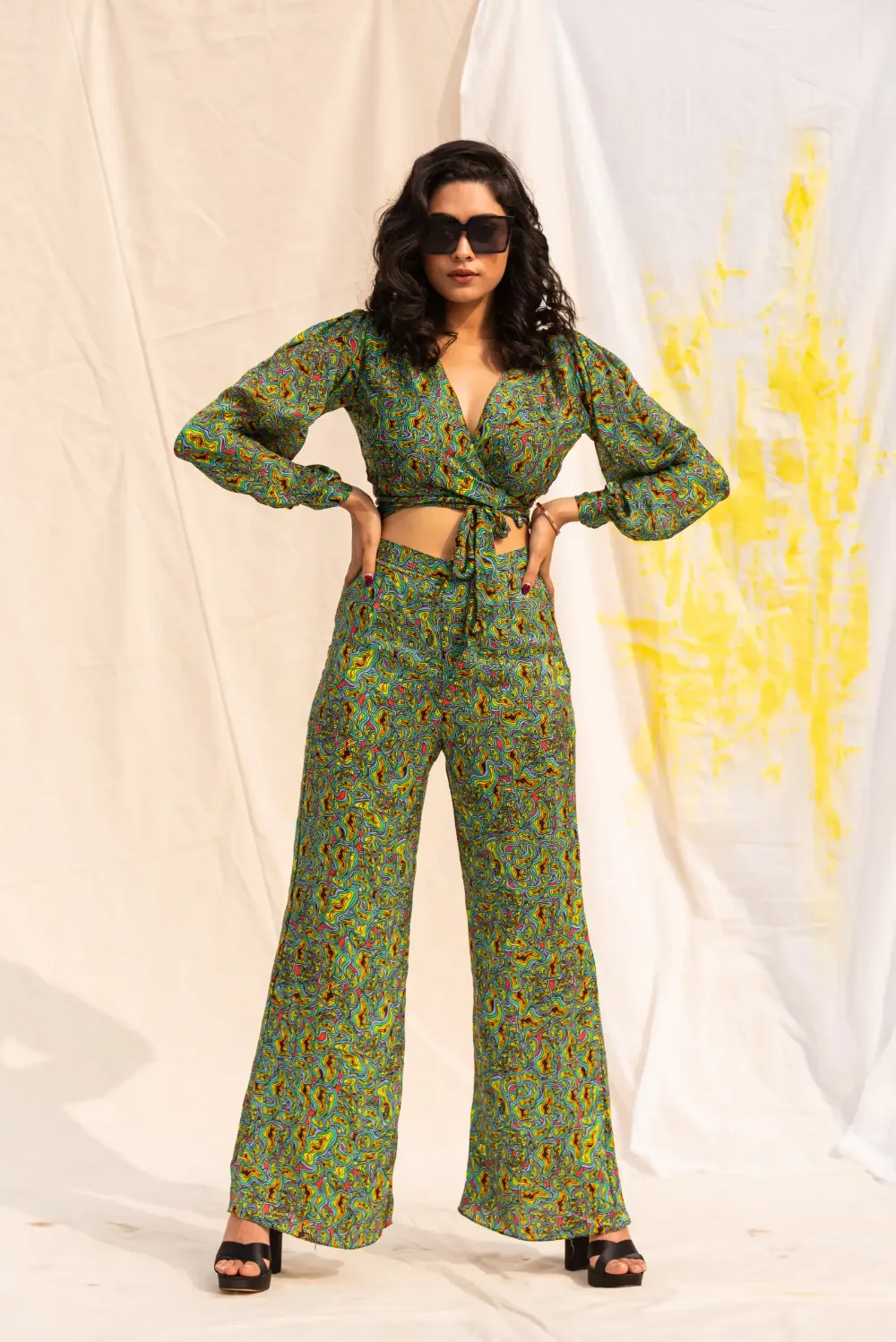 Multicolour Full sleeve tie top with pants