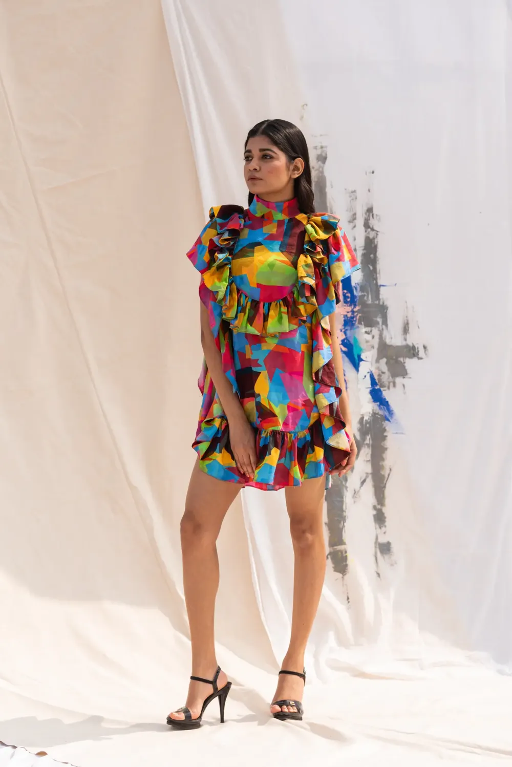 Multicolour ruffle short dress