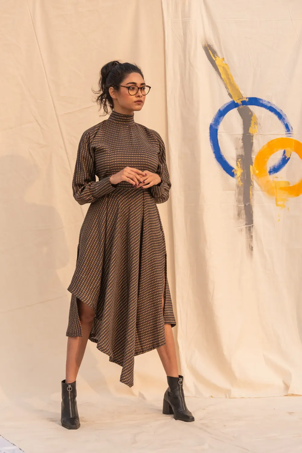 Multicolour Asymmetrical high neck dress