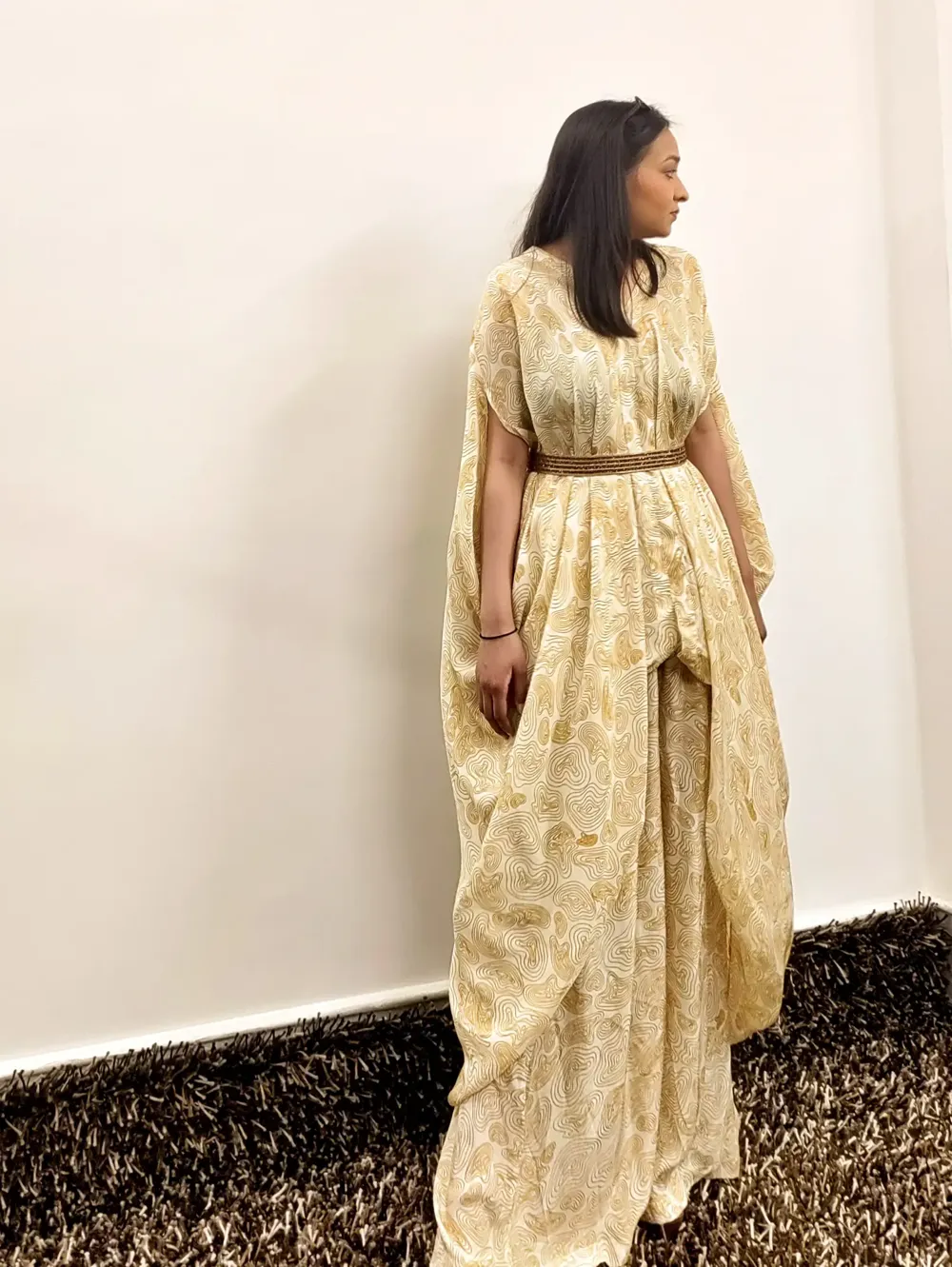 Multicolour Layered kaftan top with straight pants and belt
