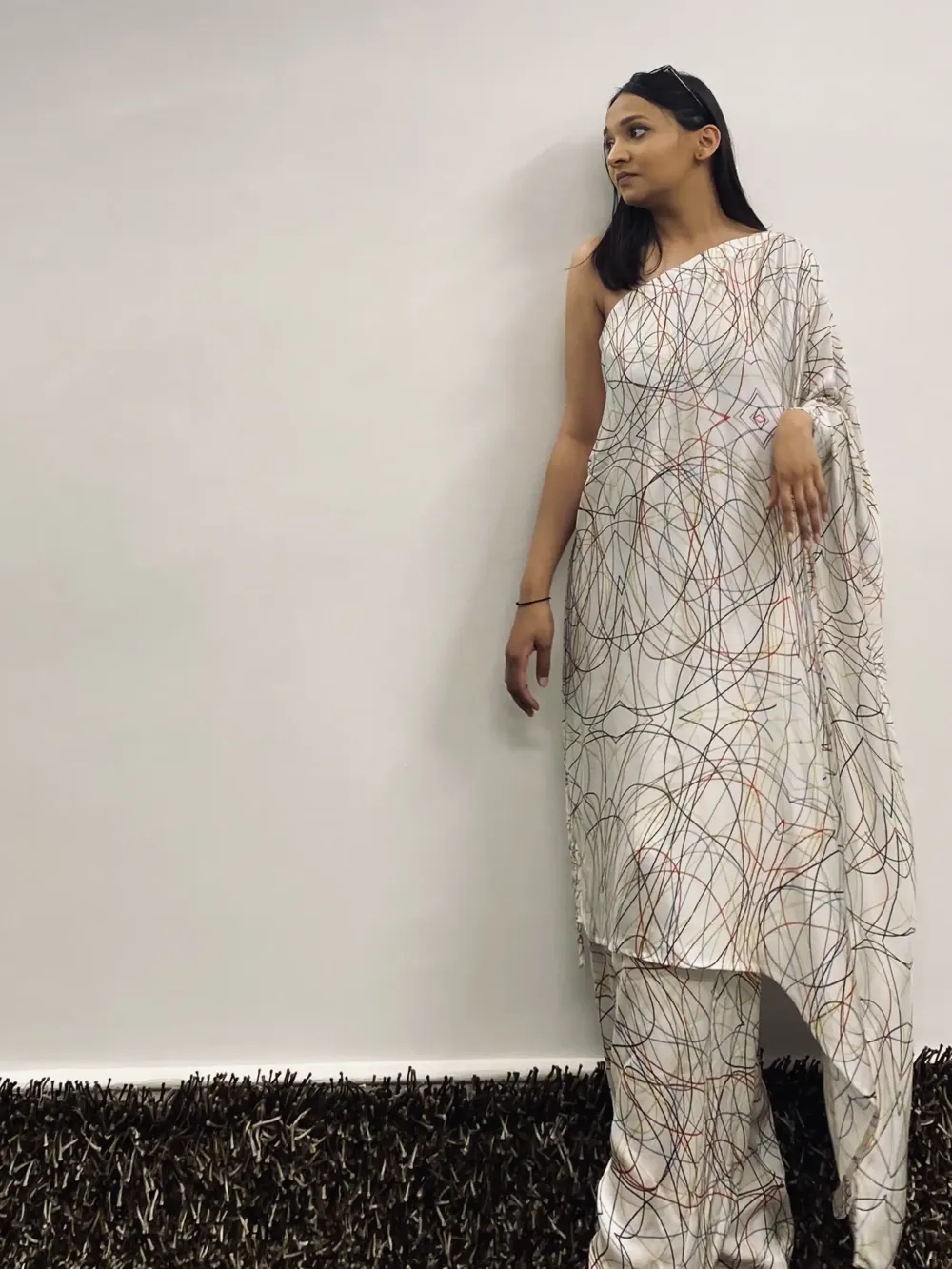 Multicolour One shoulder drawstring kaftan with pants