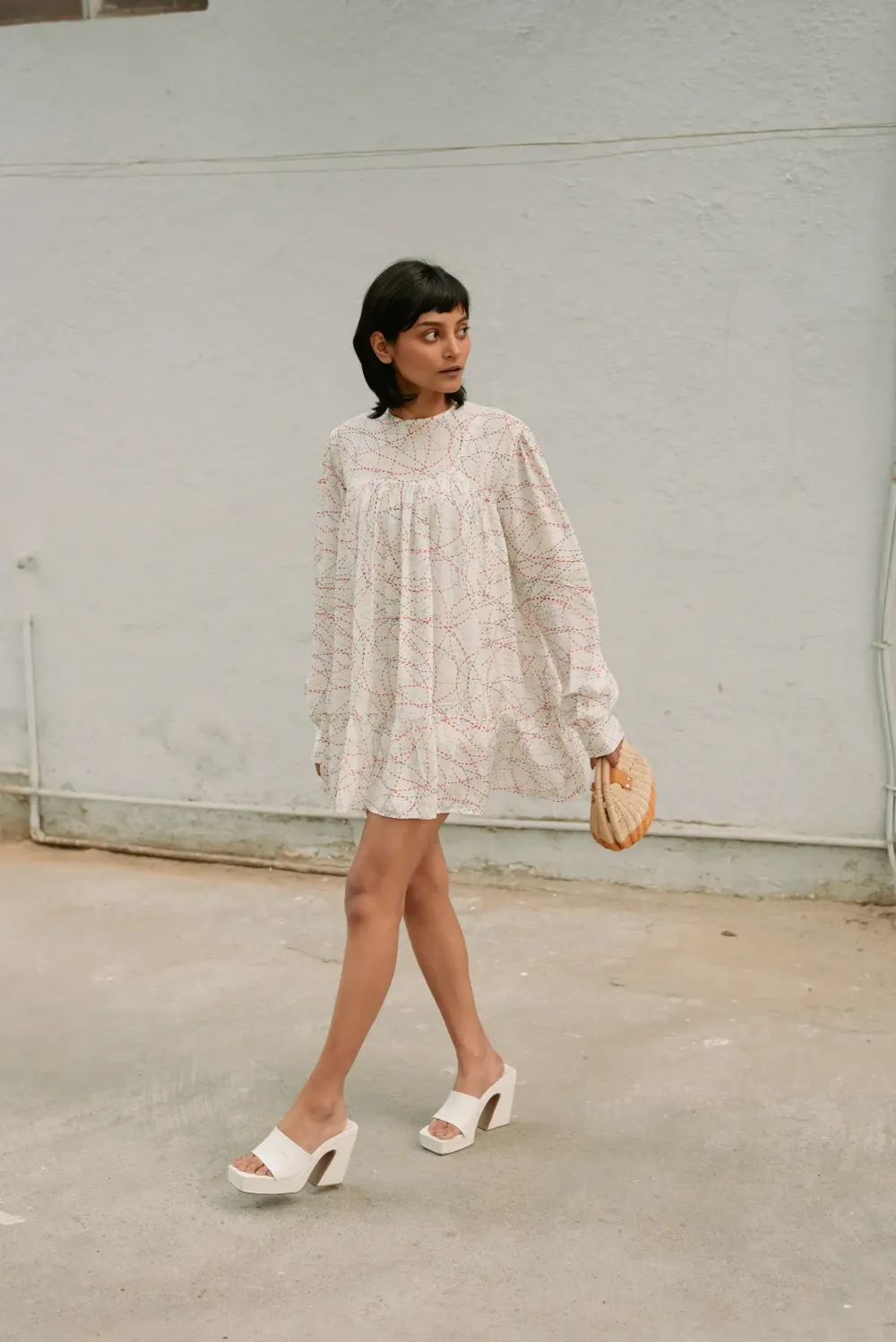 Full sleeve ruffle short dress multicolor