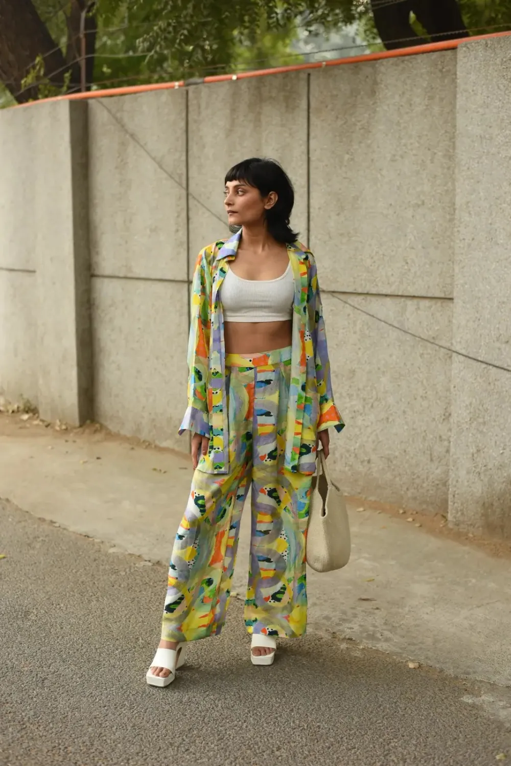 Box pleat wide pants with oversized shirt