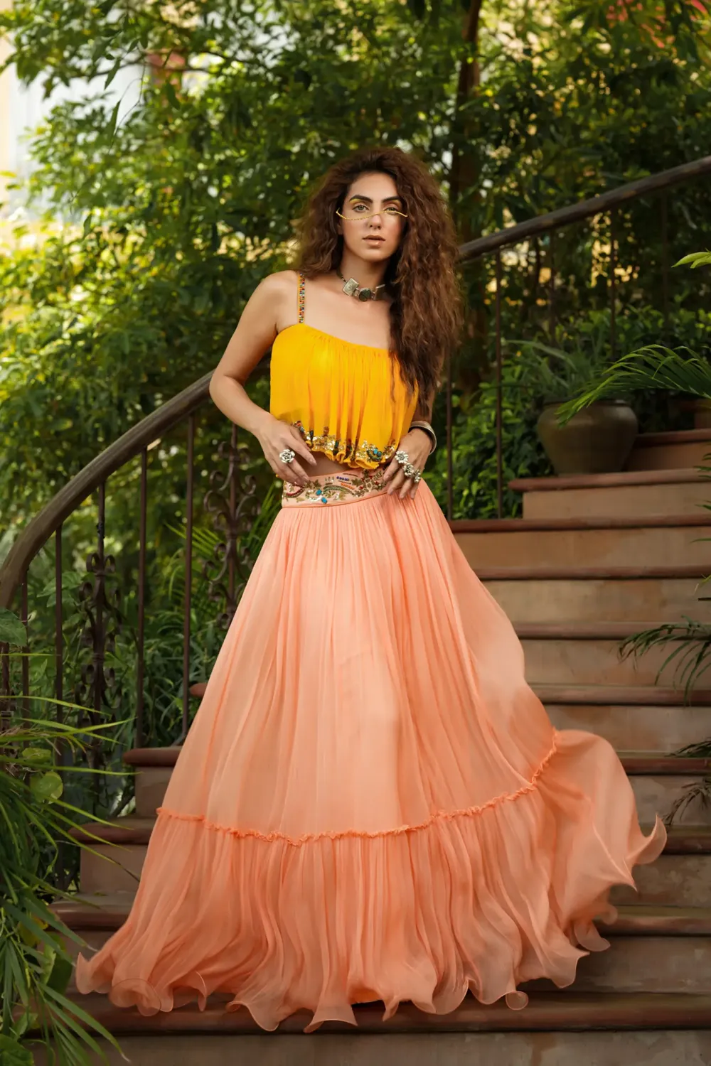 Dilruba marigold boho top with peach skirt