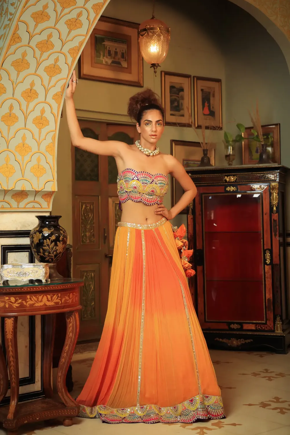 Dilruba narangi longline ruched jacket with  dilruba haseen lehenga and rangeen blouse set