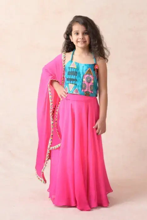 Hand embroidered Ayra halter neck top with ombre pink lehenga, dupatta