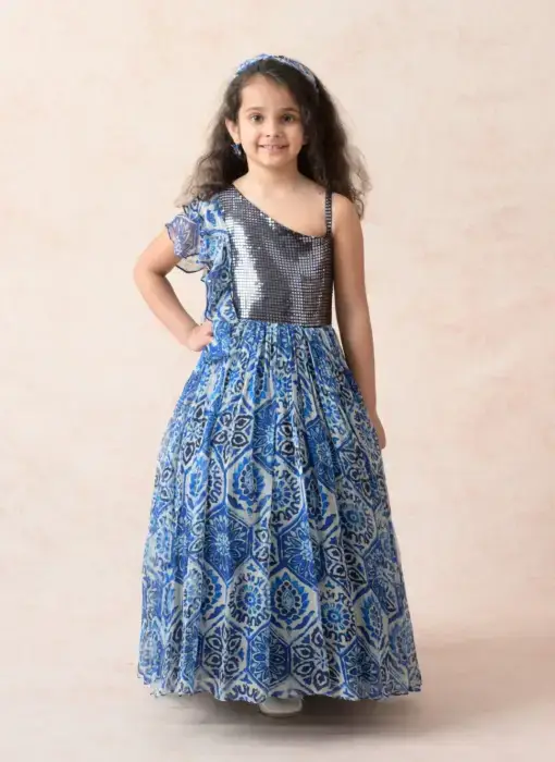 Modern floral print chiffon gathered gown with metallic bodice