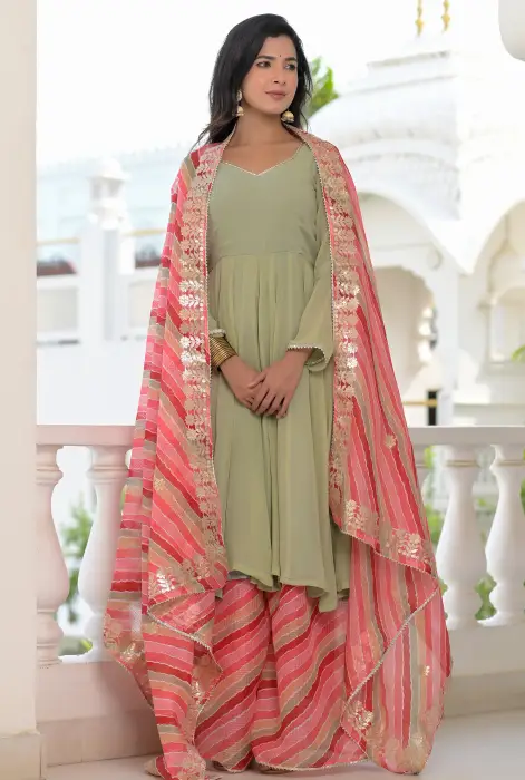Sea green anarkali palazzo suit set